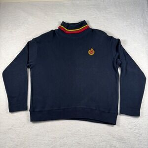 Vintage Lizsport Mock Neck Sweater Womens L‎ Navy Blue Embroidered Crest Retro